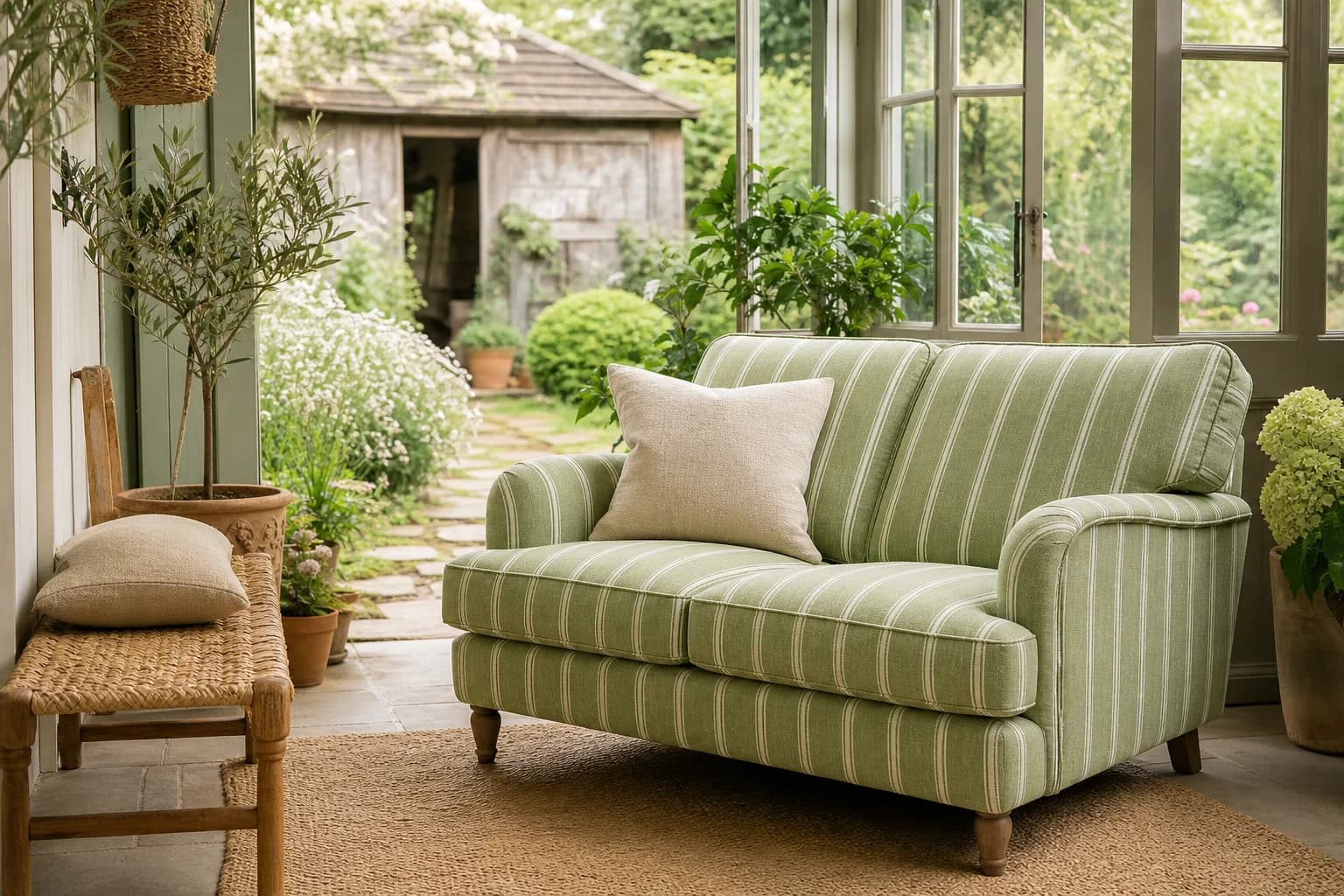A striped linen loveseat in a garden room beside a timber shed