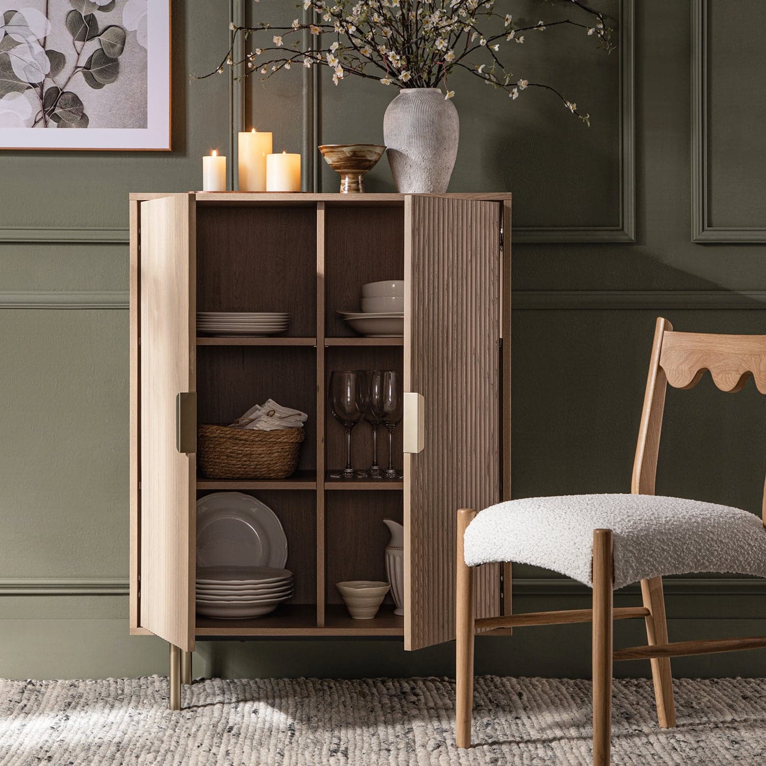 Richmond Ridged Highboard Storage Cabinet, Light Ash