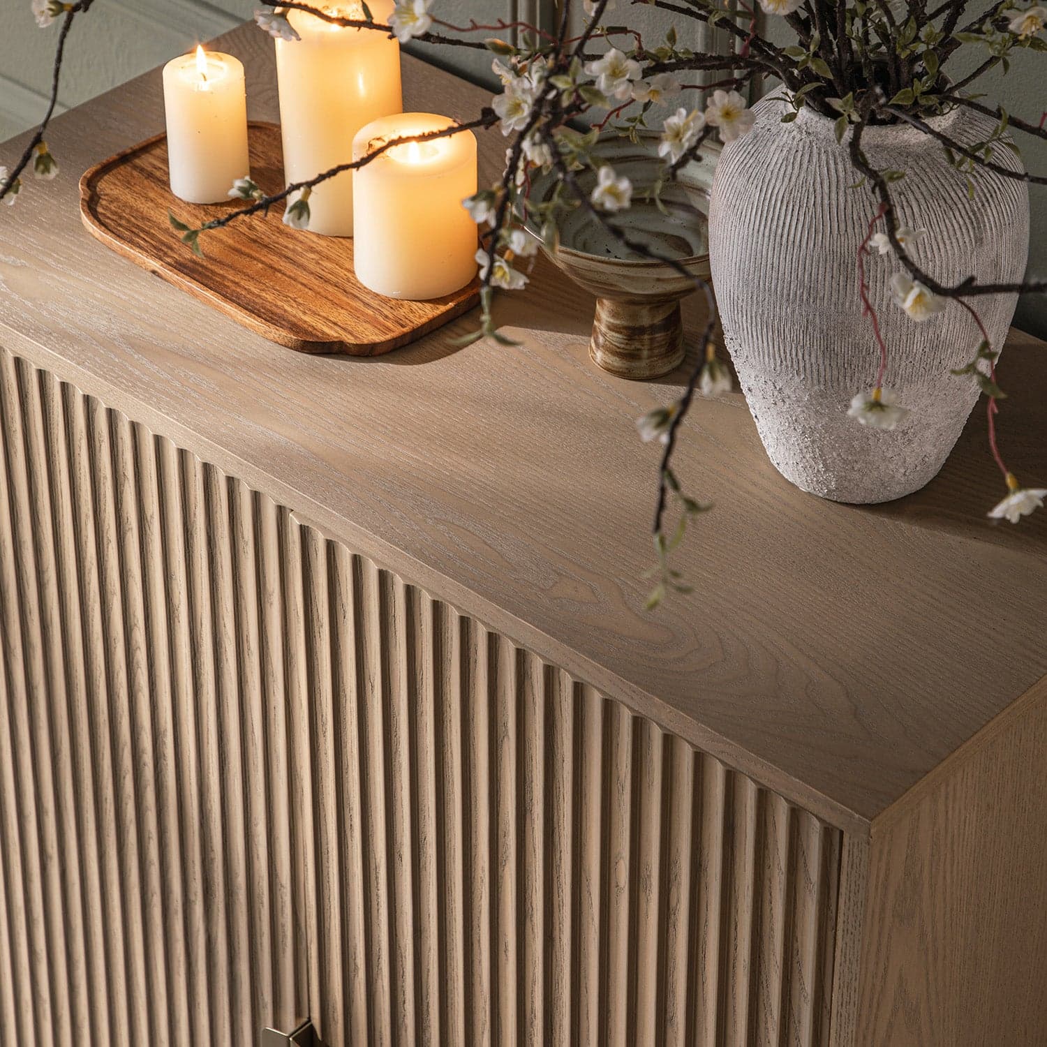 Richmond Ridged Highboard Storage Cabinet, Light Ash