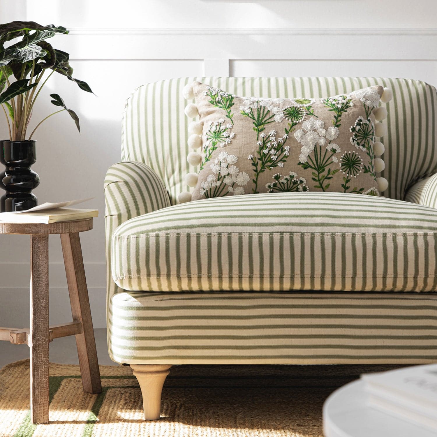 Daphnis Green Striped Linen Blend Sofa, 1-Seater
