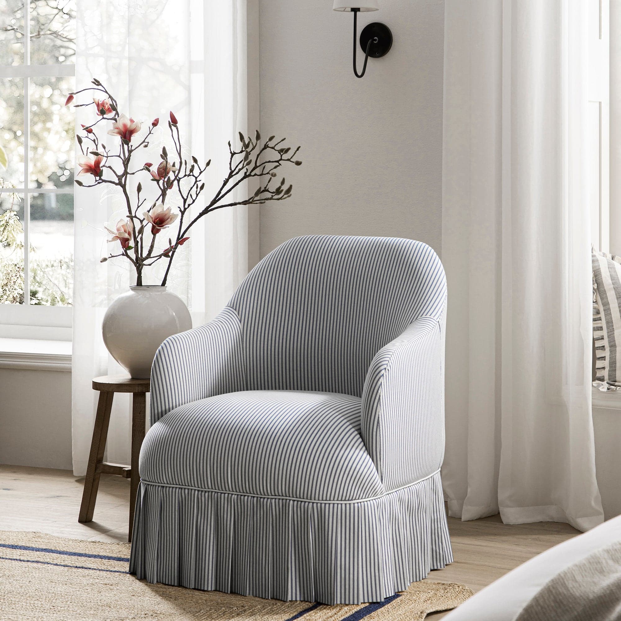 Calliope Skirted Armchair, Blue Striped