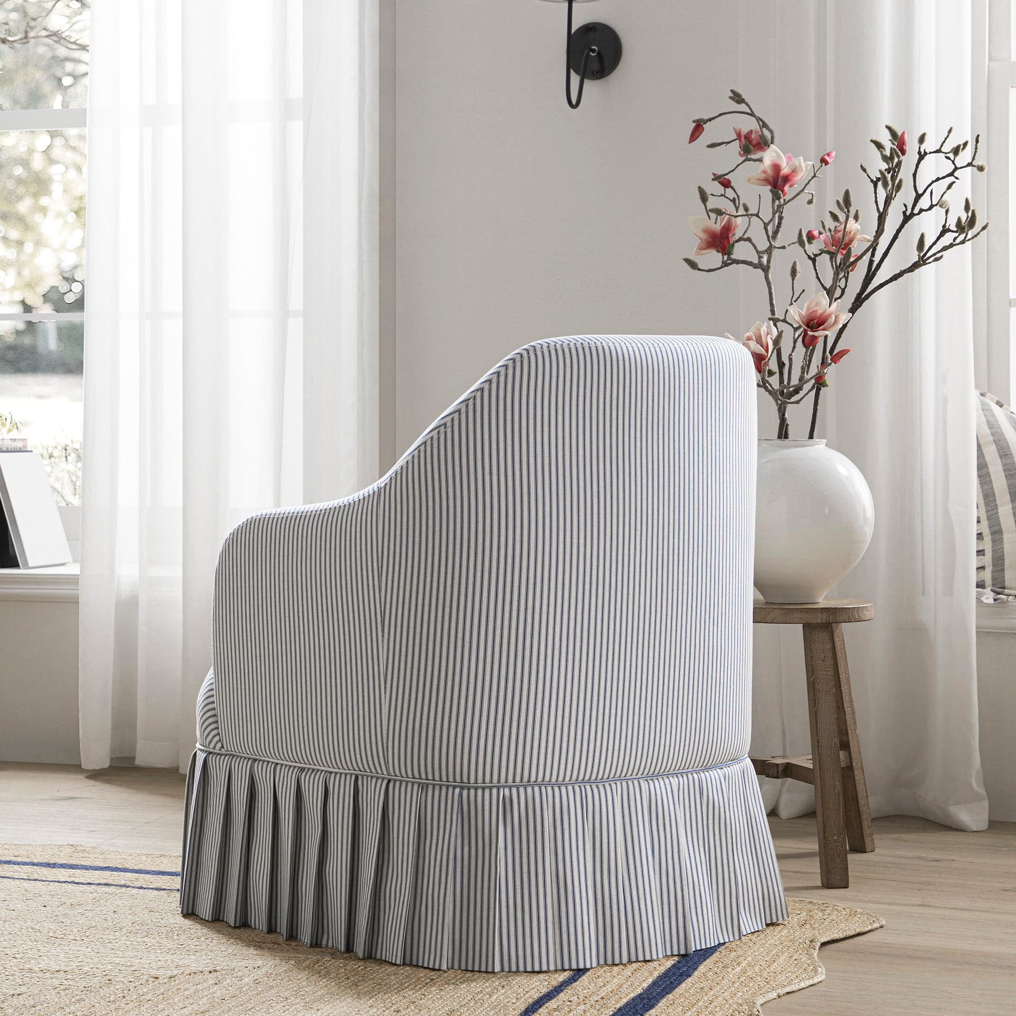 Calliope Skirted Armchair, Blue Striped